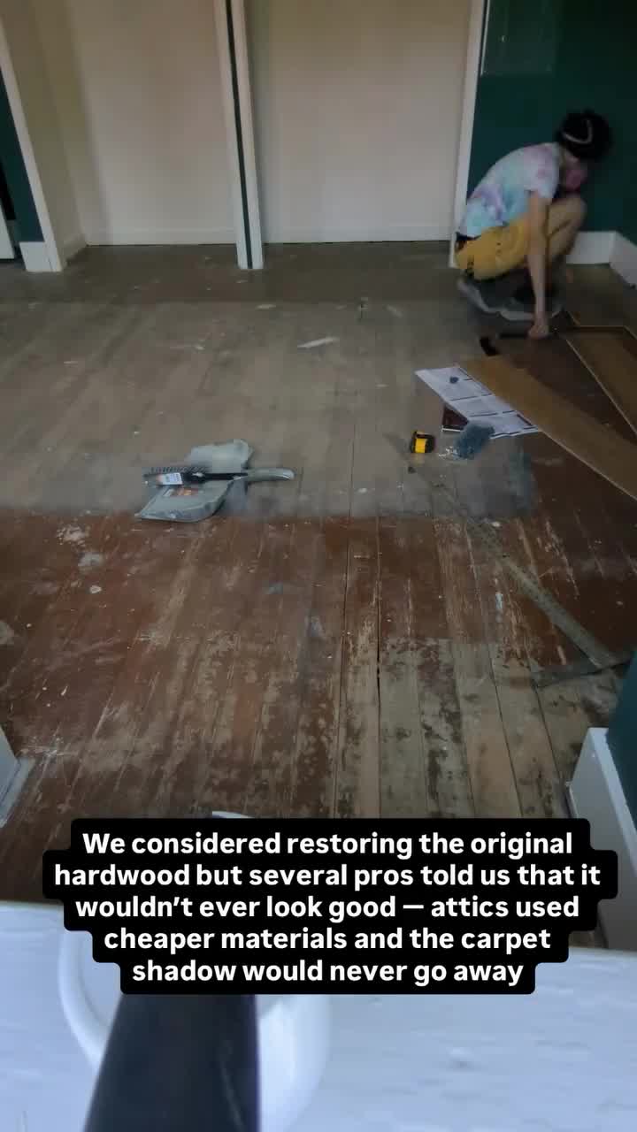 We considered restoring the original hardwood but several pros told us that it wouldn’t ever look good — attics used cheaper materials and the carpet shadow would never go away