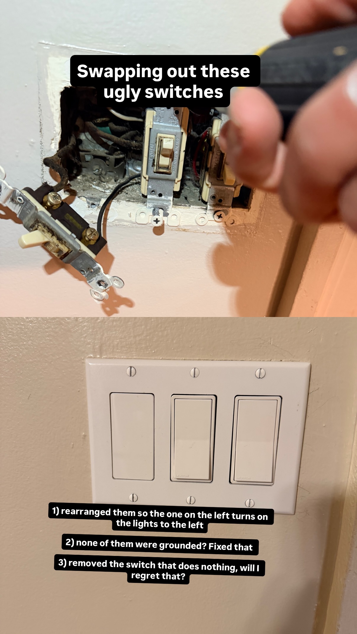 Swapping out these ugly switches 1) rearranged them so the one on the left turns on the lights to the left

2) none of them were grounded? Fixed that 

3) removed the switch that does nothing, will I regret that?