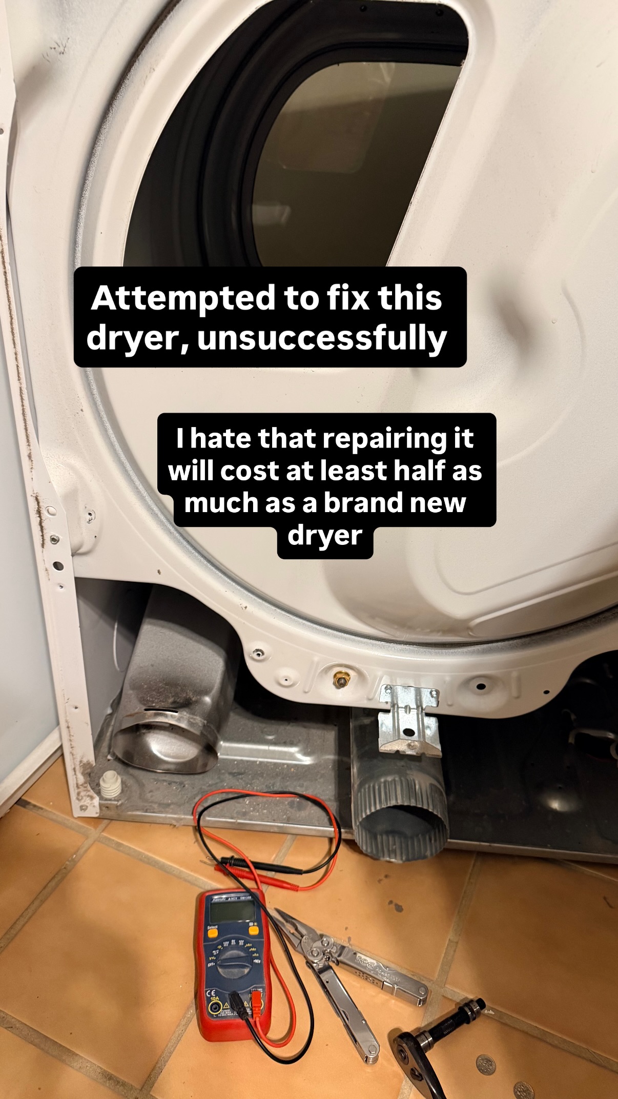 Attempted to fix this dryer, unsuccessfully  I hate that repairing it will cost at least half as much as a brand new dryer