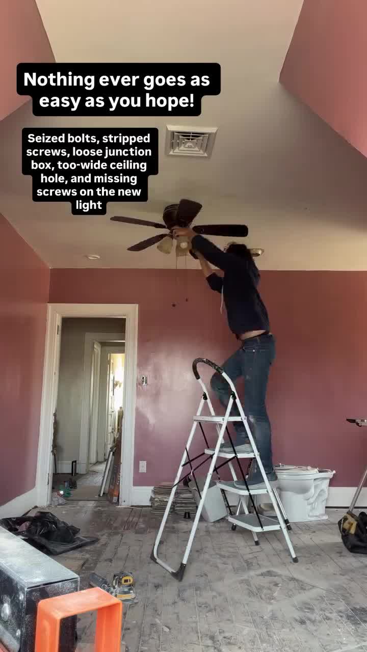 Nothing ever goes as easy as you hope! Seized bolts, stripped screws, loose junction box, too-wide ceiling hole, and missing screws on the new light