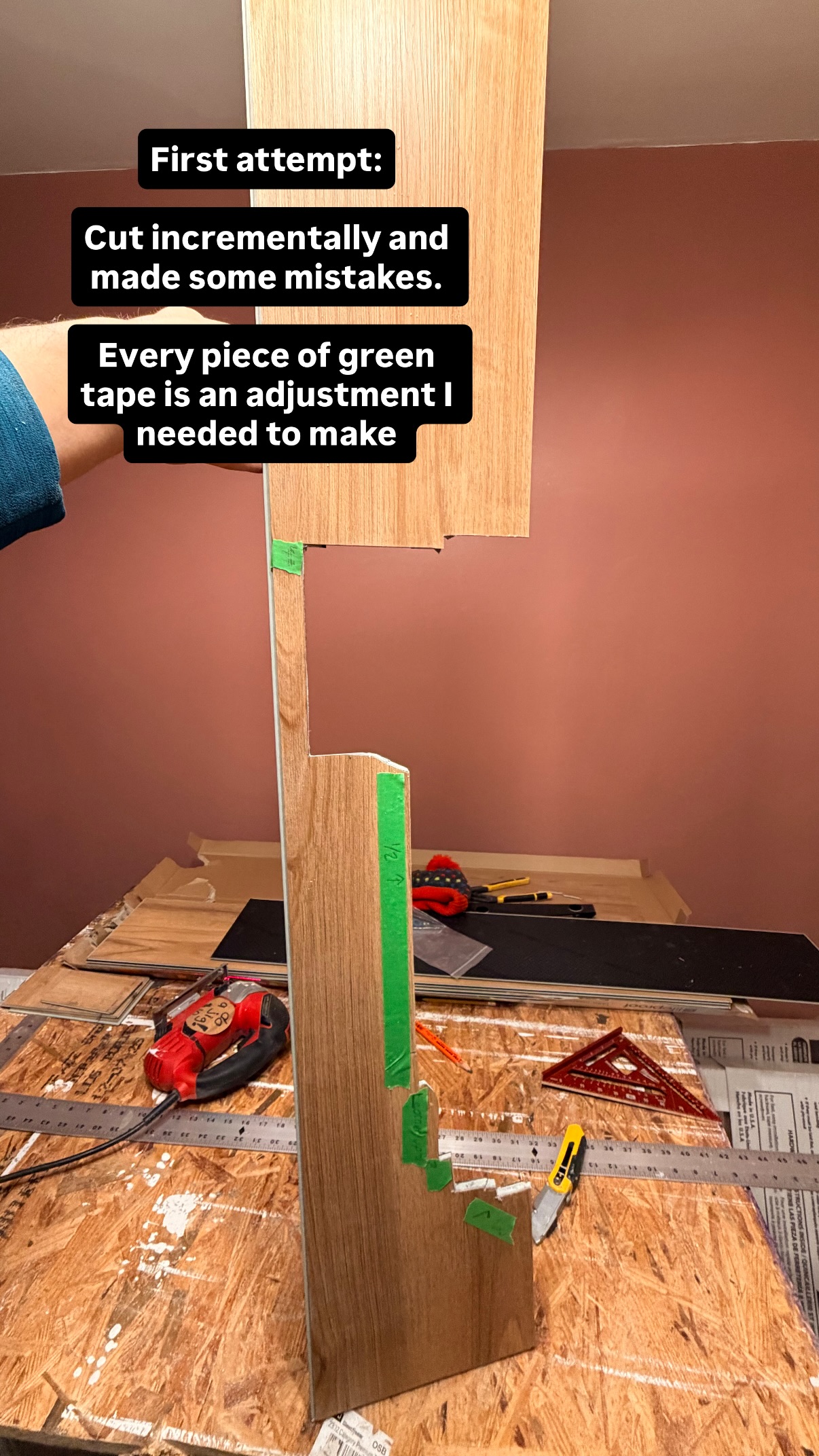 First attempt:

Cut incrementally and made some mistakes. 

Every piece of green tape is an adjustment I needed to make